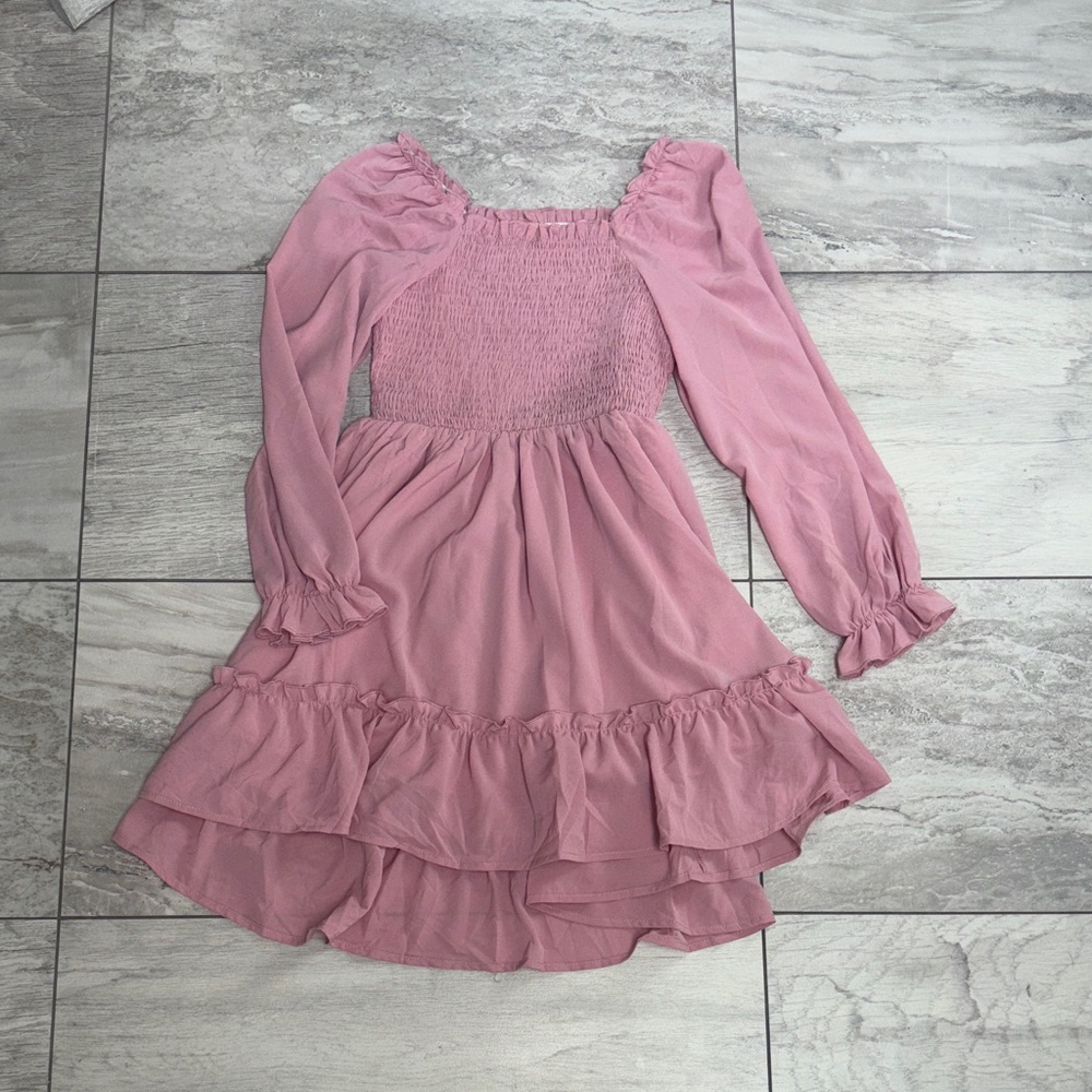 Girls' Pink Long-Sleeve Ruffle Dress